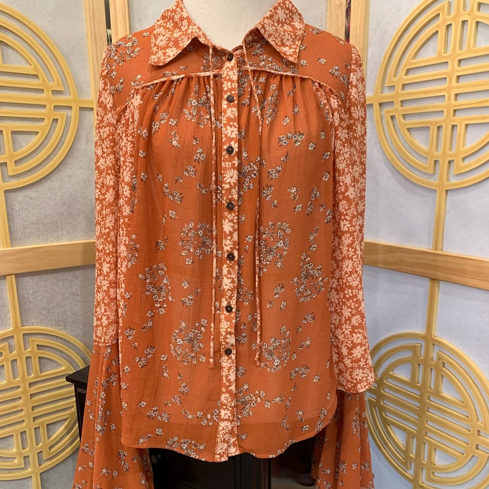 Free People Floral Blouse with Flare sleeves, Small